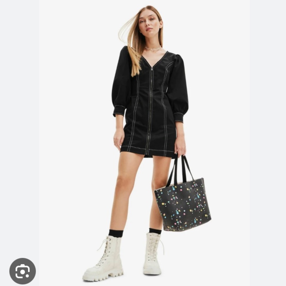 Desigual zip-front mini dress size medium NWT black cotton stretch twill Medium